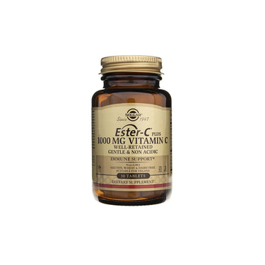 A bottle of Solgar Ester-c Plus 1000 mg vitamin C 30 tablets on a white background.